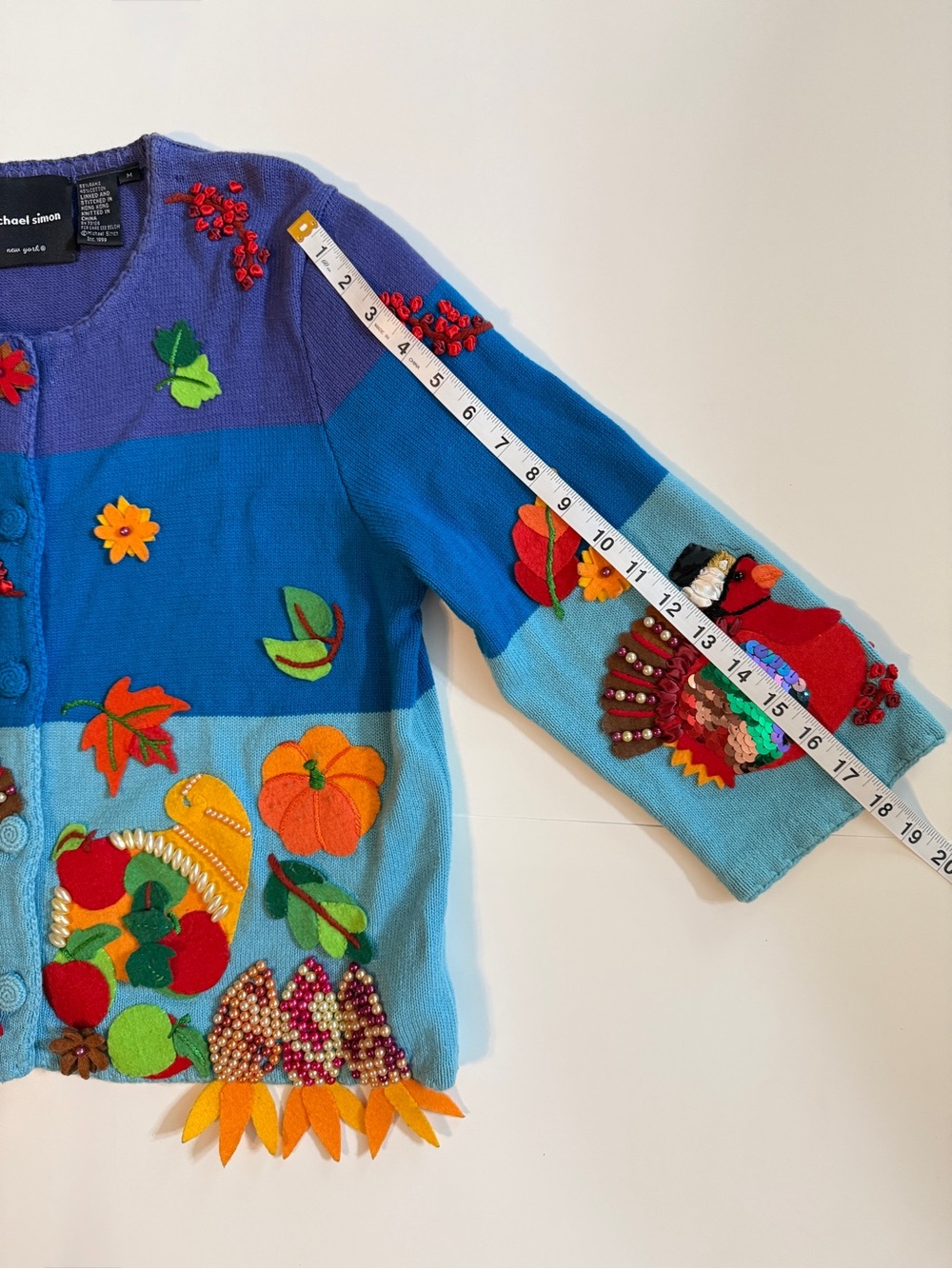 VTG Michael Simon Thanksgiving Cardigan Sweater ApliquΓ© Turkey Cornucopia 1999 M - Picture 14 of 14